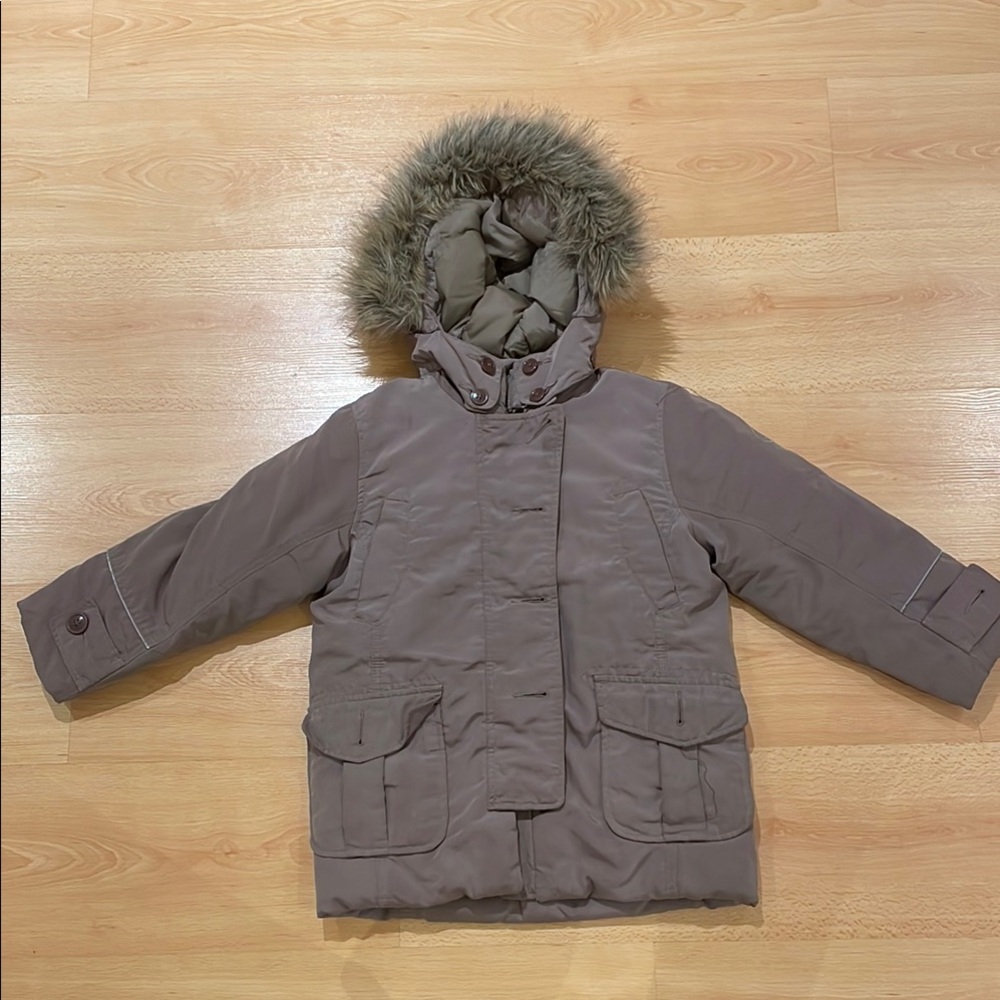 Kids Brown Winter Jacket with Faux Fur Hood